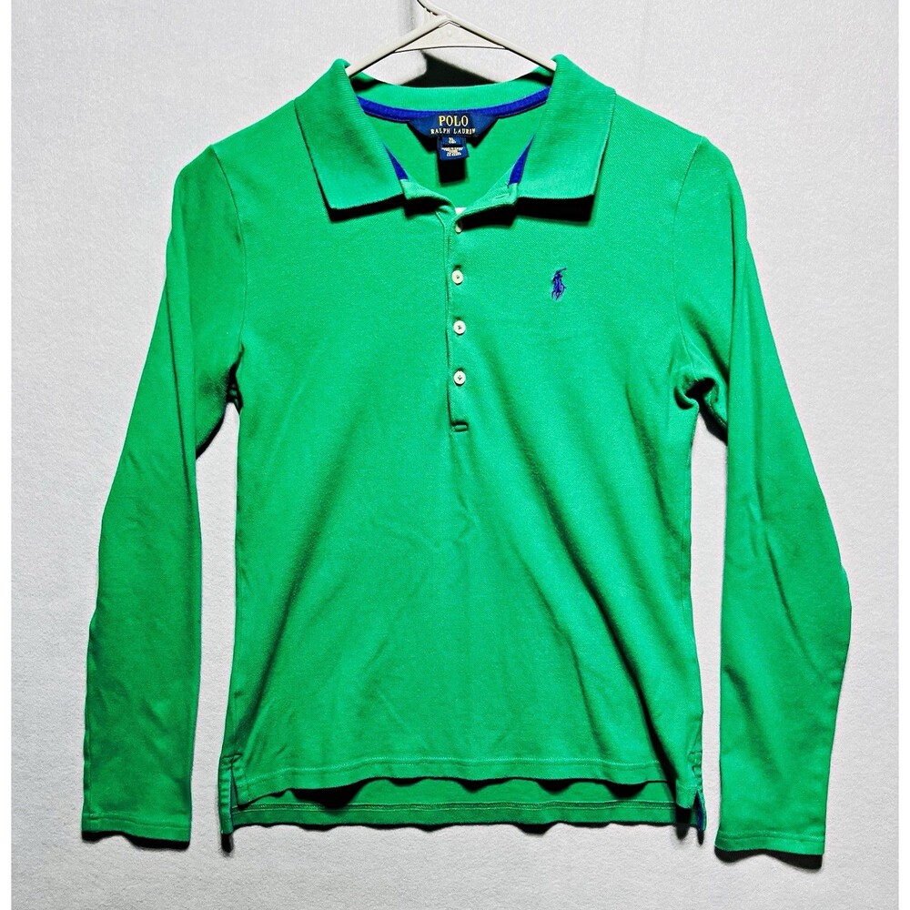 Polo Ralph Lauren Girls XL 16 Green Long Sleeve Stretch Polo Shirt Purple Pony
